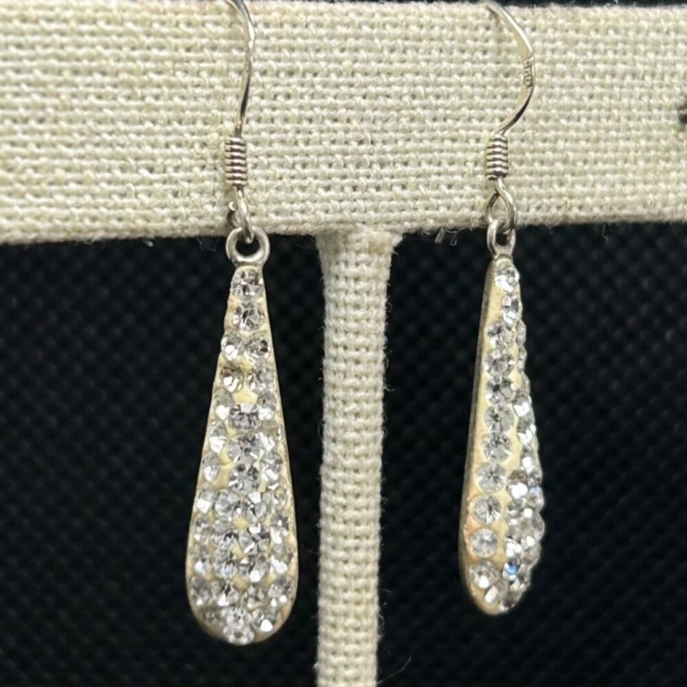 Crystal Inset White Dangle Drop Earrings French Wire 925 Sterling Silver 1.5" Lo